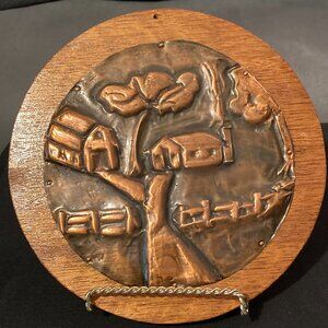VTG Folk Art Wooden & Hammered Copper 7.5"D Plate-Farm & Barn Scene-Signed-EUC